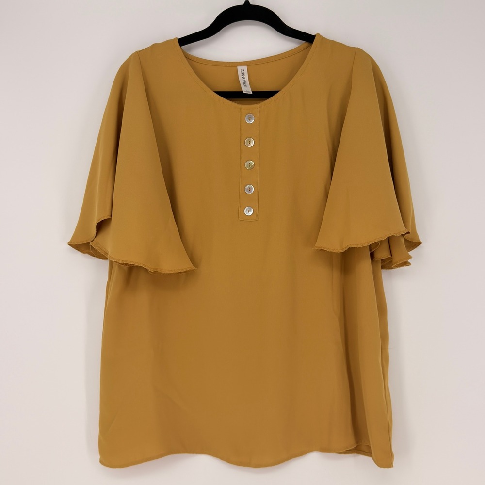 Zenana Premium Blouse Womens Large Mustard Yellow Flutter Sleeve Henley Flowy